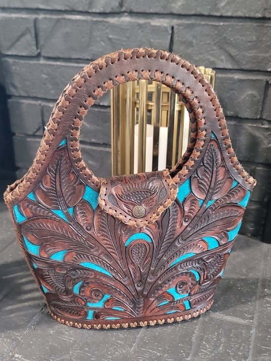 Handbags - Vintage Handcrafted Tooled Leather Tote Bag in Brown and Turquoise